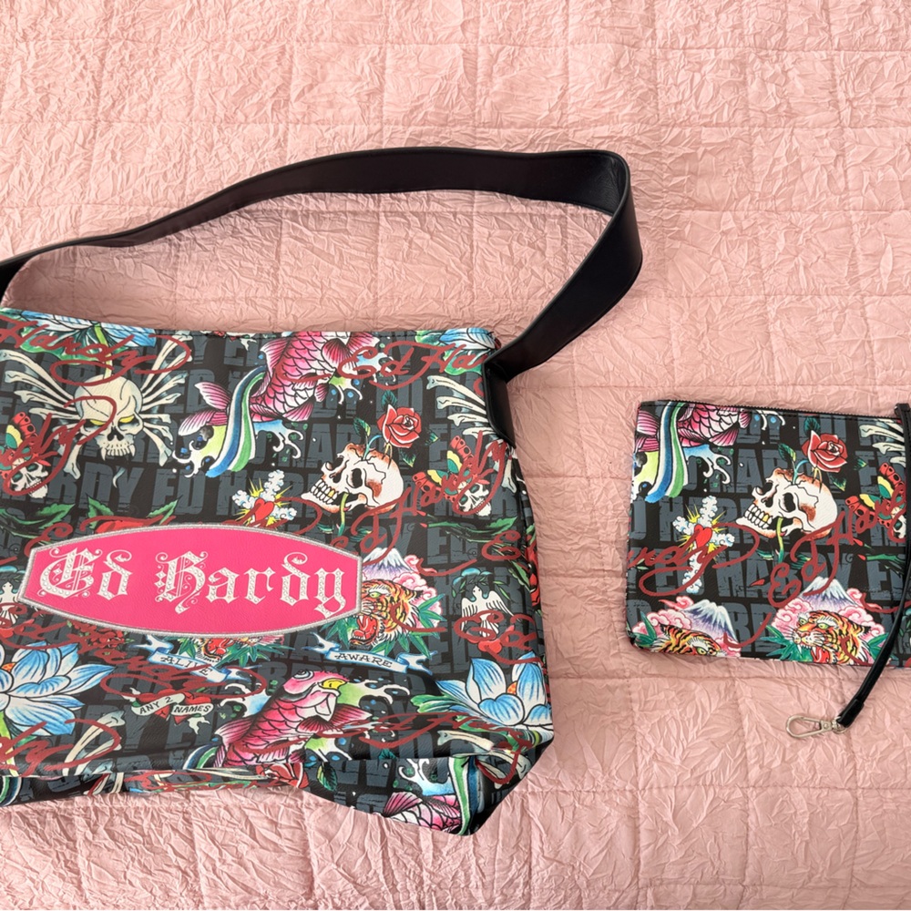 Ed Hardy Tote Bag + Matching Wristlet Set | Skull Tiger Tattoo Print Y2K